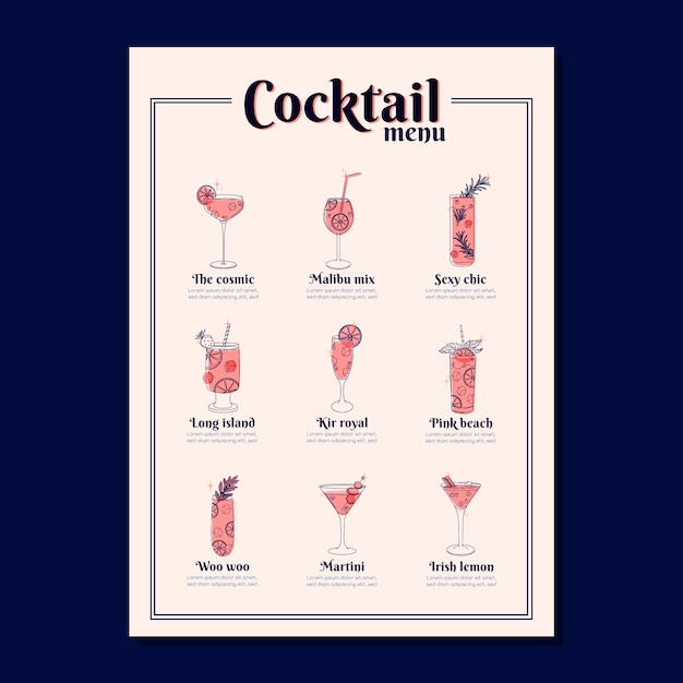 Modelo de menu de cocktails com bebidas diferentes