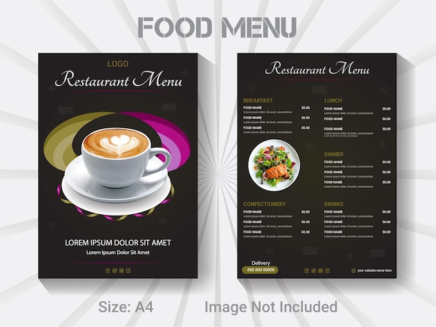 Modelo de menu de comida deliciosa de restaurante asiático, layout moderno de papel de comida de tamanho a4.