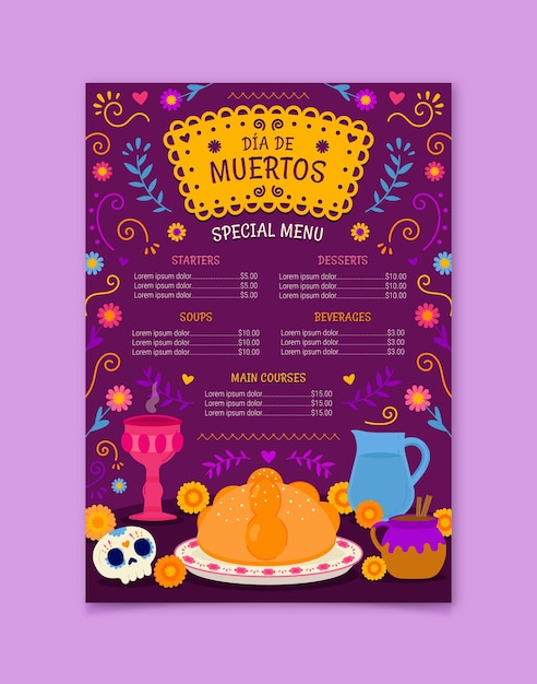 Modelo de menu de diâmetros planos desenhados à mão