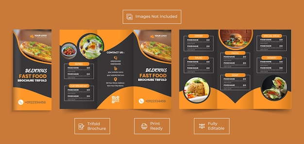 Vetor modelo de menu de folheto com três dobras de comida. folheto de menu de fast food para restaurante