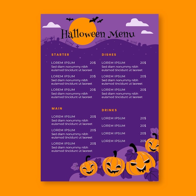 Modelo de menu de halloween de design plano