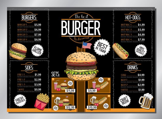 Vetor modelo de menu de mesa de hambúrguer