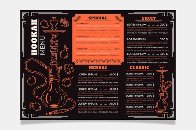 Modelo de menu de narguilé desenhado à mão