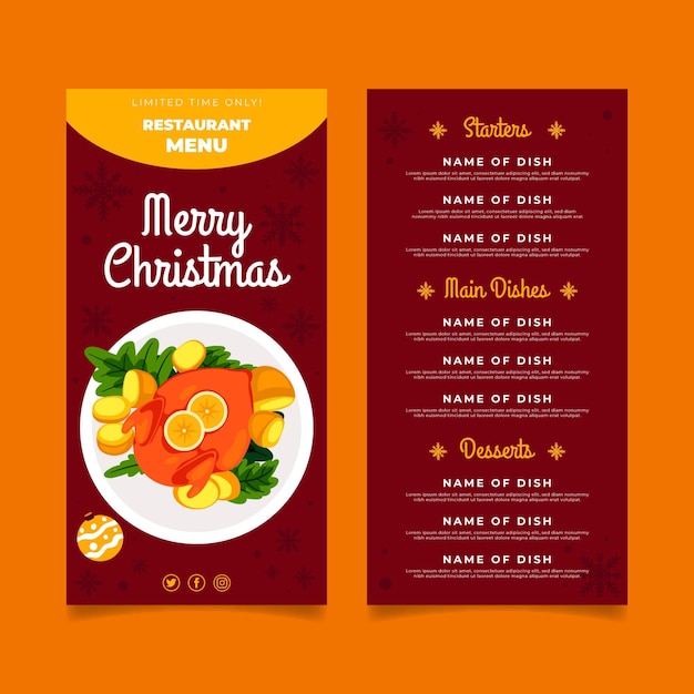 Modelo de menu de natal de design plano