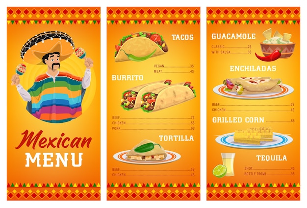 Modelo de menu de restaurante de cozinha mexicana com comida e bebida.