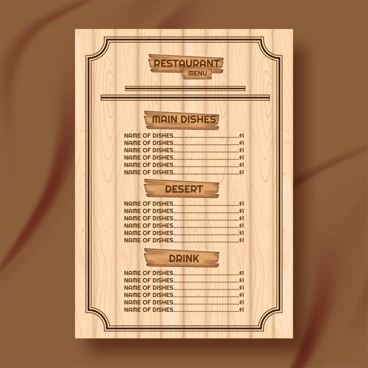 Modelo de menu de restaurante em estilo vintage com uma mistura de madeira