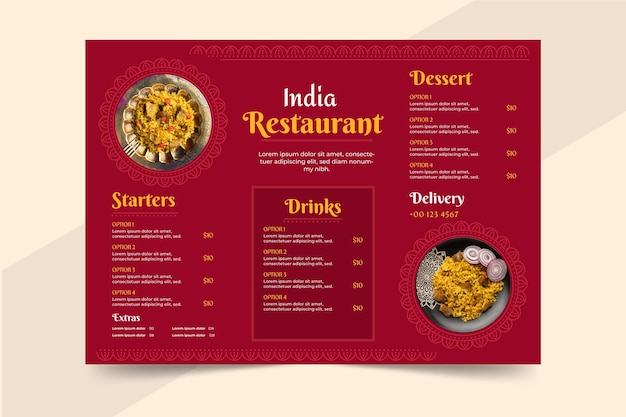 Modelo de menu de restaurante indiano tradicional de design plano