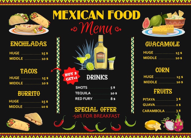 Vetor modelo de menu de restaurante mexicano com comida e bebida.