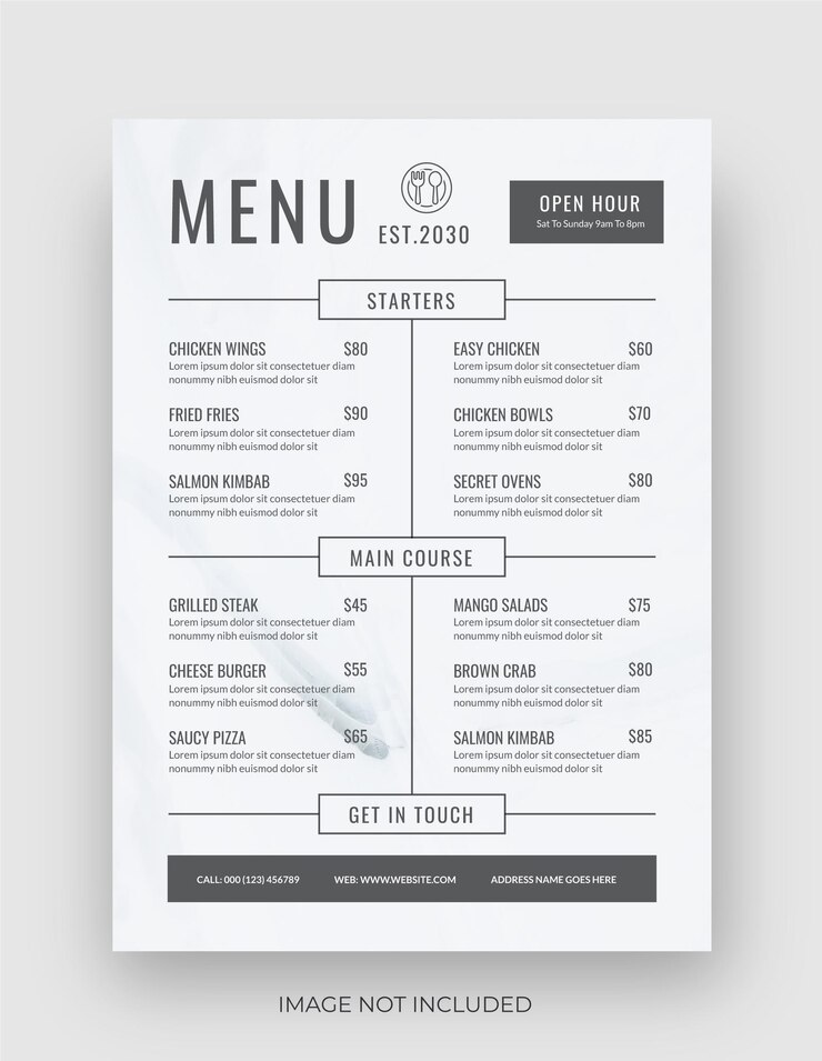 Vetor modelo de menu de restaurante tamanho a4 design de panfleto de fast food menu de comida minimalista simples