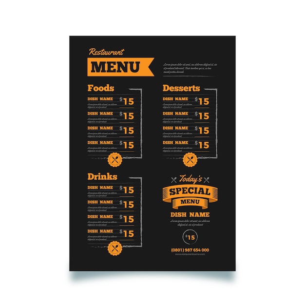 Vetor modelo de menu de restaurante vertical digital preto e laranja