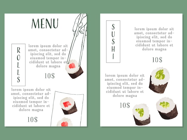 Modelo de menu de sushi bar. projeto de menu de comida asiática com aquarela maki sushi. vetor editável