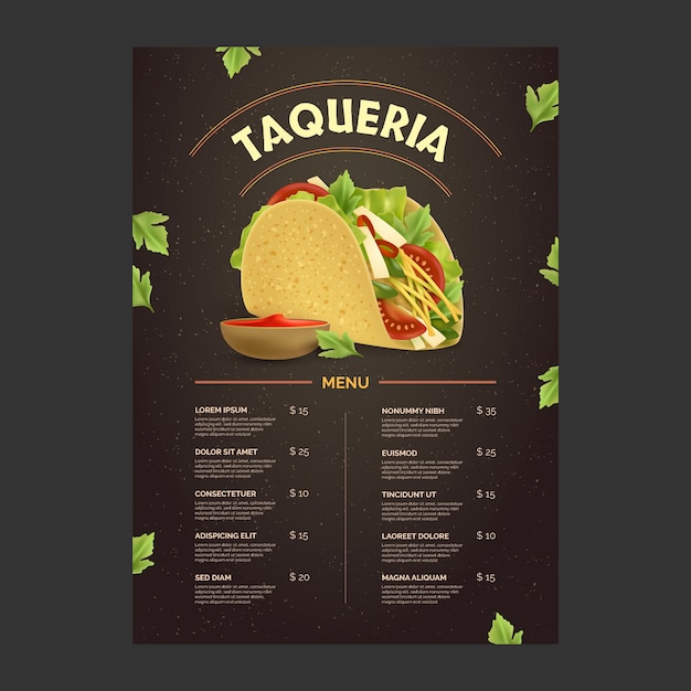 Modelo de menu de taqueria realista