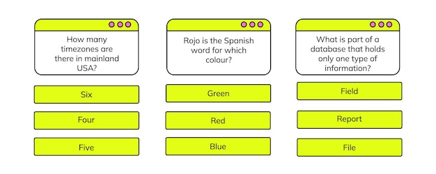 Perguntas do jogo de perguntas com menu de teste com modelos de