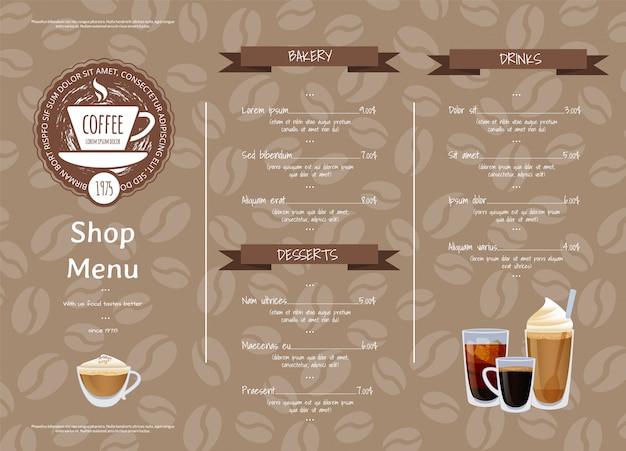 Vetor modelo de menu horizontal de café. ilustração do menu de café, café expresso e café