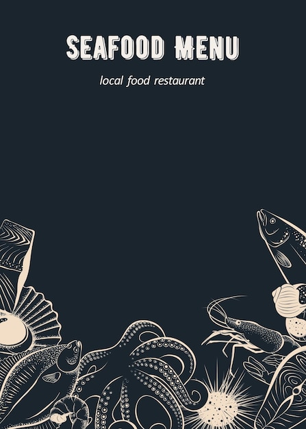 Modelo de menu para restaurante de frutos do mar e mercado de peixes em um fundo de quadro-negro