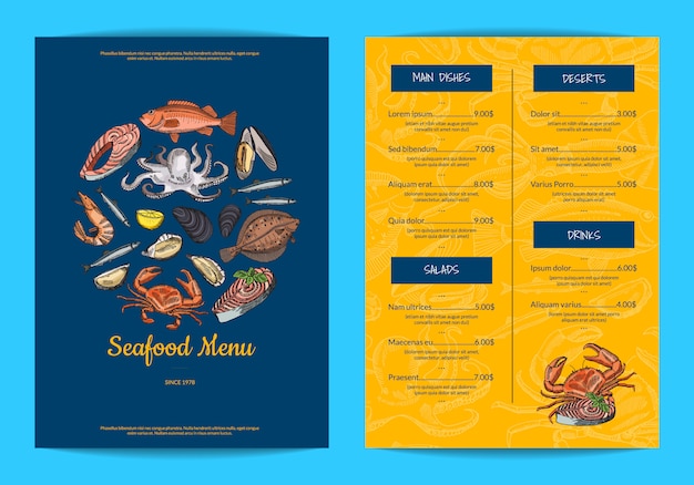 Vetor modelo de menu para restaurante, loja ou café com elementos de frutos do mar mão desenhada