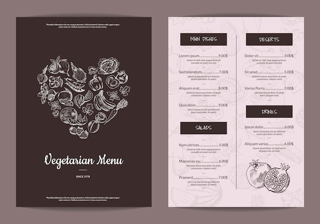 Modelo de menu vegetariano vegan frutas e legumes handdrawn