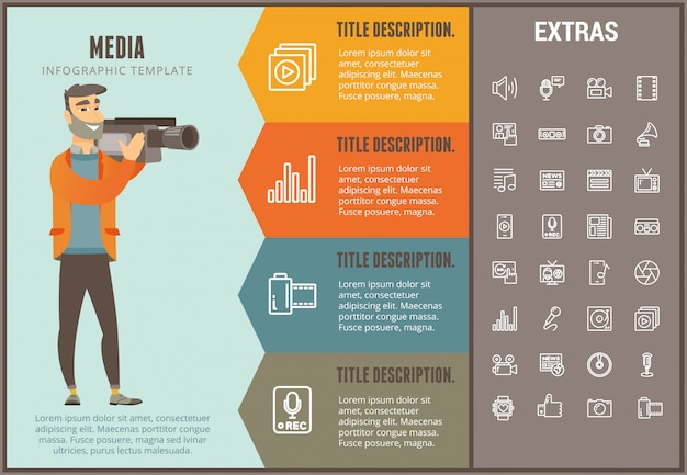 Modelo de mídia infográfico, elementos e ícones