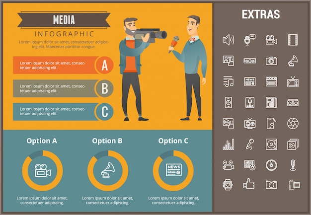 Modelo de mídia infográfico, elementos e ícones