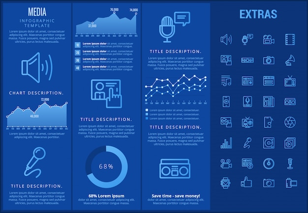 Vetor modelo de mídia infográfico, elementos e ícones