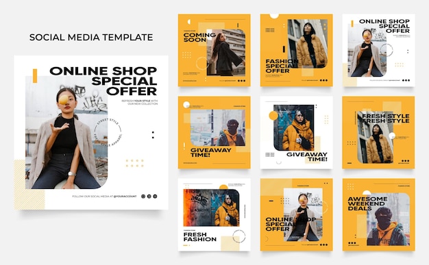 Modelo de mídia social banner blog promoção de venda de moda totalmente editável instagram e facebook post quadro quadrado quebra-cabeça cartaz de venda orgânica fundo de vetor de forma de elemento amarelo fresco