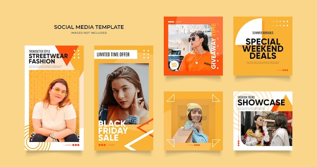 modelo de mídia social banner blog promoção de venda de moda totalmente editável instagram e facebook quadrado post frame quebra-cabeça cartaz de venda orgânica fundo amarelo preto vetor