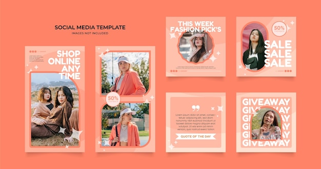 modelo de mídia social banner blog promoção de venda de moda totalmente editável instagram e facebook quadrado post frame quebra-cabeça cartaz de venda orgânica fundo laranja rosa vetor