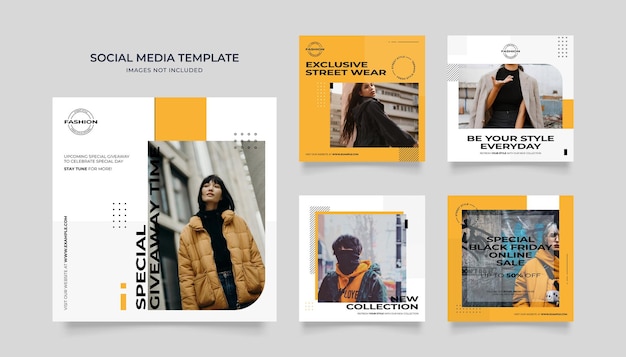 Modelo de mídia social banner blog promoção de venda de moda totalmente editável instagram e facebook quadro de postagem quadrado quebra-cabeça póster de venda orgânica amarelo branco preto fundo vetorial