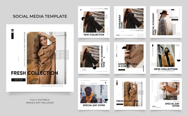 Modelo de mídia social banner blog promoção de venda de moda totalmente editável instagram e facebook quadro post quadro quebra-cabeça póster de venda orgânica preto branco elemento forma fundo vetorial