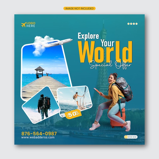 modelo de mídia social banner promoção de viagens e resorts de férias anúncio de turismo moderno editável