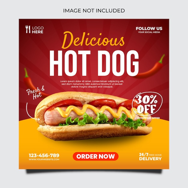 Vetor modelo de mídia social de deliciosa comida de cachorro-quente usado para anúncios