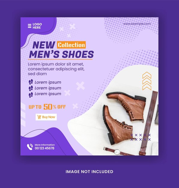 Modelo de mídia social de sapatos de postagem do instagram e modelo de banner da web com estilo de cor roxa de luxo