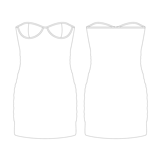 Modelo de mini vestido com bustiê e ilustração vetorial underwire roupas de contorno de design plano