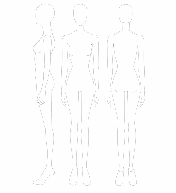 Modelo de moda de mulheres em poses diferentes, tamanho de 9 cabeças para desenho técnico