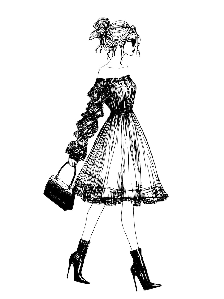 Vetor modelo de moda ilustração mulher de moda pista esboço caneta tinta desenho vestido elegante com modelo de topo