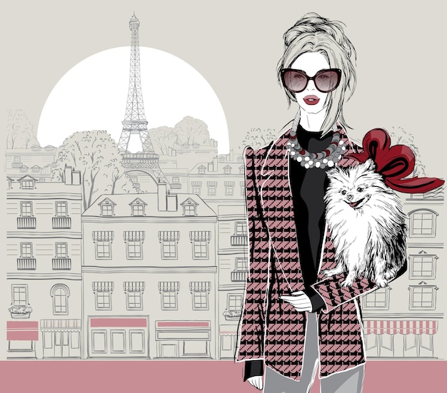 Vetor modelo de moda mulher com um cachorrinho no fundo da cidade de paris