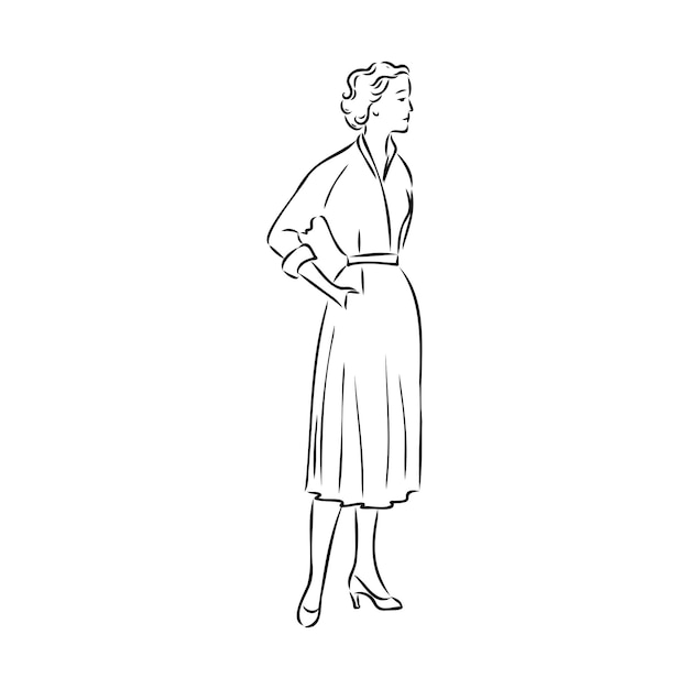 Modelo de moda retrô preto e branco em estilo de desenho ilustração vetorial desenhada à mão