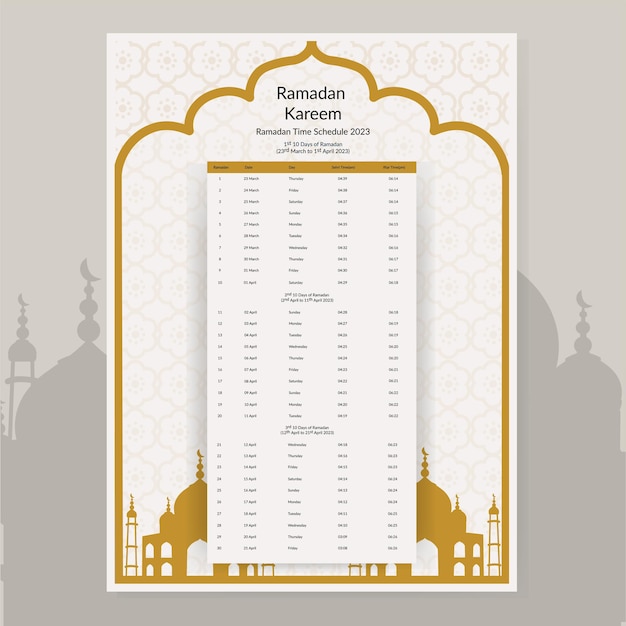 Modelo de modelo de calendário do ramadan calendar design 2023 dua de calendário islâmico e cronograma de tabela de horários