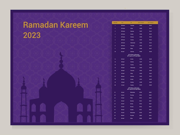 Modelo de modelo de calendário do ramadan calendar design 2023 dua de calendário islâmico e cronograma de tabela de horários