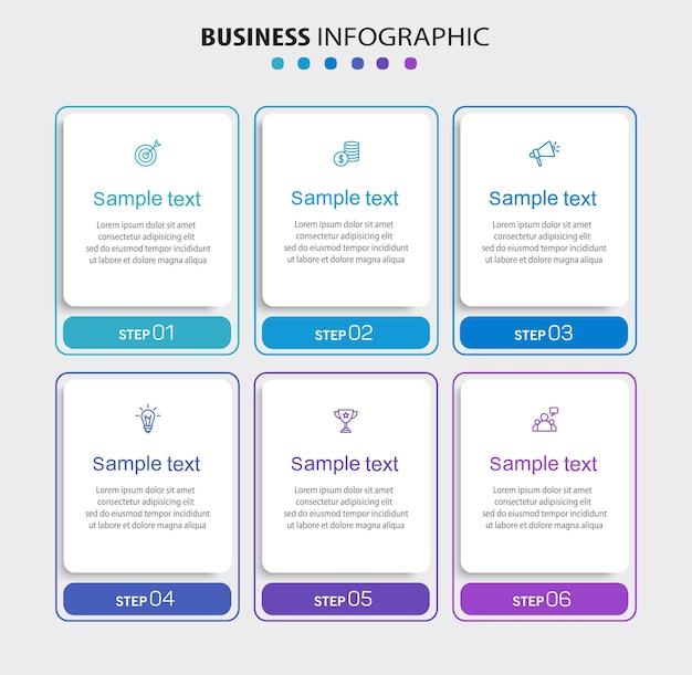 Modelo de negócio de design infográfico com 6 etapas de opções