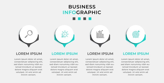 Modelo de negócio de design infográfico vetorial com ícones e 4 quatro opções ou etapas