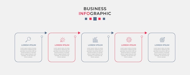 Modelo de negócio de design infográfico vetorial com ícones e 5 cinco opções ou etapas