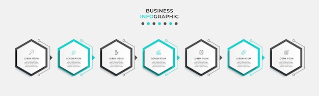 Modelo de negócio de design infográfico vetorial com ícones e 7 opções ou etapas