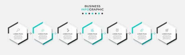 Modelo de negócio de design infográfico vetorial com ícones e 7 opções ou etapas
