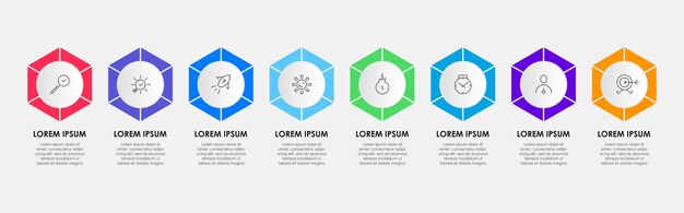 Modelo de negócio de design infográfico vetorial com ícones e 8 opções ou etapas