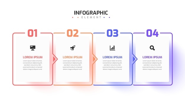 Modelo de negócios de apresentação de design infográfico com número e ícone de rótulo de retângulo de seta 4