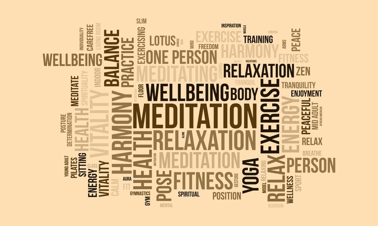 Vetor modelo de nuvem de palavras do dia de meditação contexto do vetor de consciência da saúde