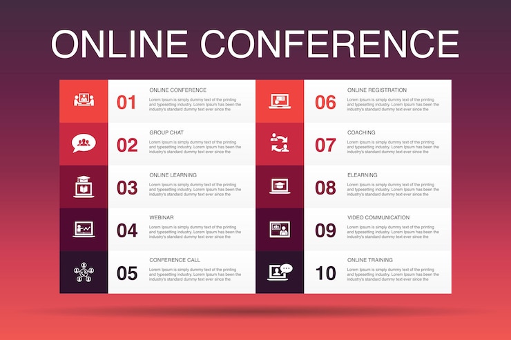 Vetor modelo de opção de infográfico 10 de conferência online. chat em grupo, aprendizagem online, webinar, ícones simples de teleconferência