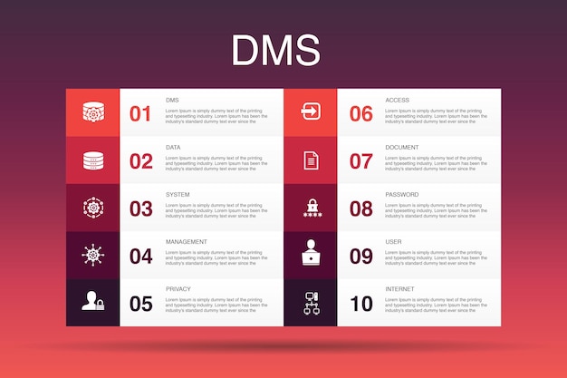 Modelo de opção dms infográfico 10. sistema, gerenciamento, privacidade, ícones simples de senha