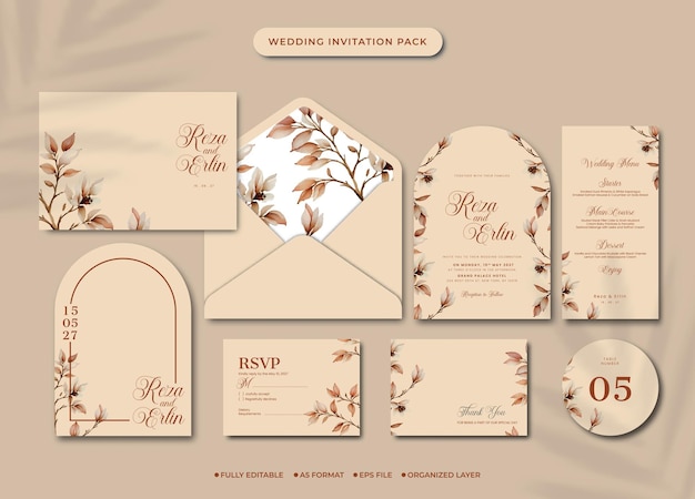 Vetor modelo de pacote completo de convite de casamento com envelope e vetor premium de flores